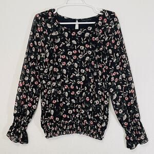 Sanctuary Blouse Womens Medium Black Pink Floral Long Sleeve Bubble Hem Ruffles